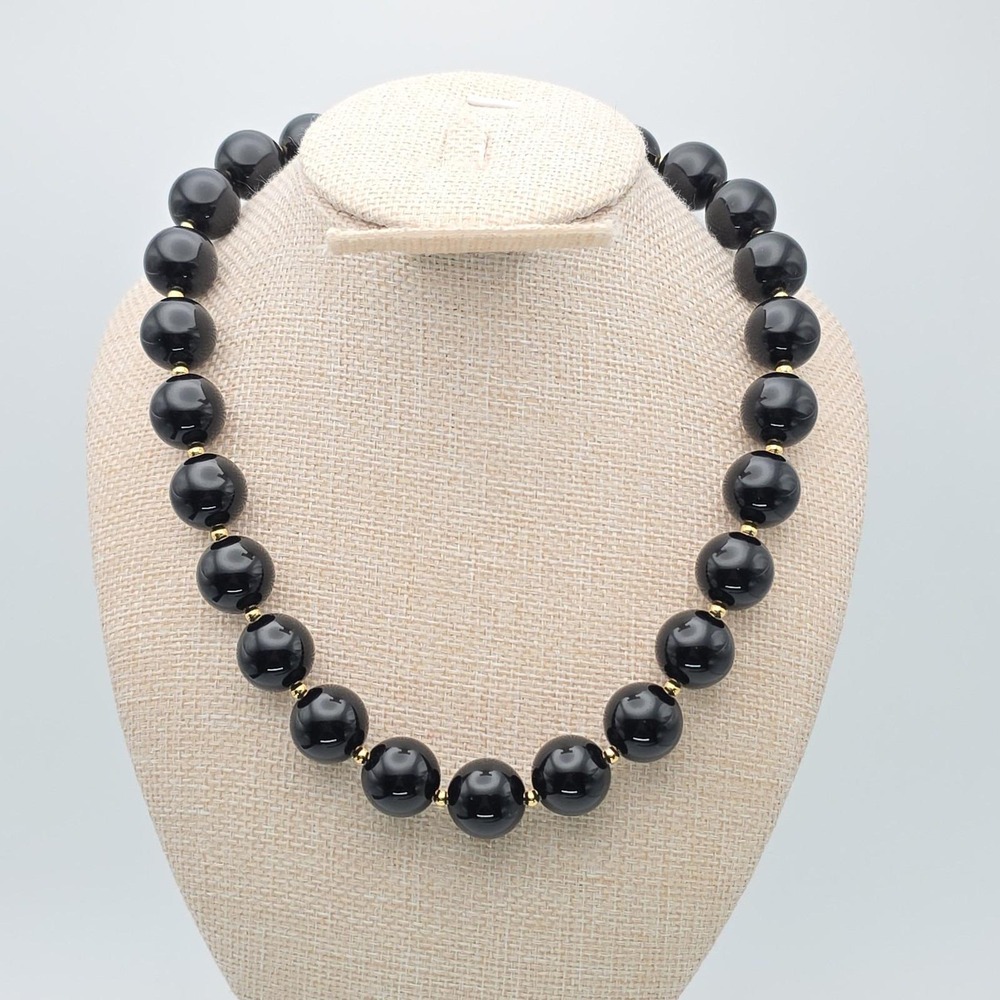 Vtg MONET Signed Necklace Lucite Oversized Bead Black & Gold Tone 19" Adjustable